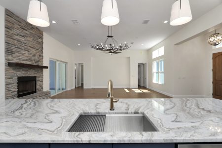 Close-up of the elegant gold-finish kitchen faucet paired with a durable stainless steel sink in the center island.
