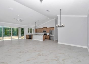 Expansive open floor plan in the French Residence, featuring seamless flow from the foyer through dining and great room - home designs with mother in law suites